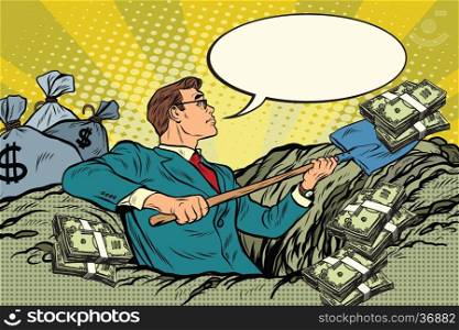 Retro businessman digs up money from the ground, pop art vector. Business and Finance