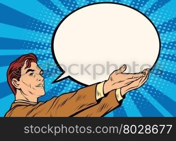 Retro businessman holding a comic bubble pop art vector. News message announcement. Retro businessman holding a comic bubble