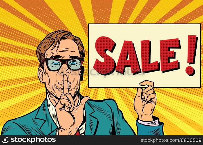 Retro businessman secret sale, pop art vector illustration