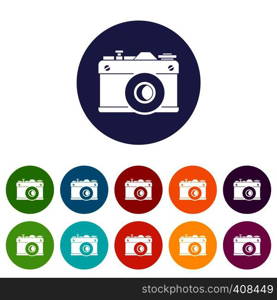 Retro camera set icons in different colors isolated on white background. Retro camera set icons