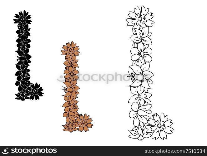 Retro capital letter L with blooming flowers in outline style, including black and brown color variations. Capital letter L with retro outline flowers