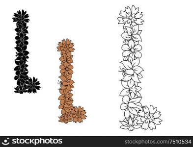 Retro capital letter L with blooming flowers in outline style, including black and brown color variations. Capital letter L with retro outline flowers
