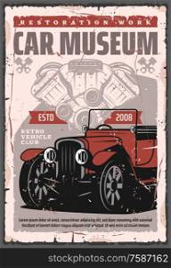 Retro car and spare parts vector design of auto repair service and vintage vehicle club. Internal combustion engine of old automobile, crossed pistons and wheels poster, mechanic garage restoration. Retro car with vintage vehicle engine pistones