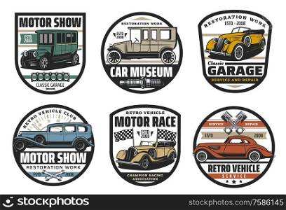 Retro car and vehicle spare part vector badges of auto service, motor race, mechanic garage and vintage automobile museum. Cars with engine pistons, wrench and spanner, spark plug and racing flags. Retro cars and vintage autos with spare parts