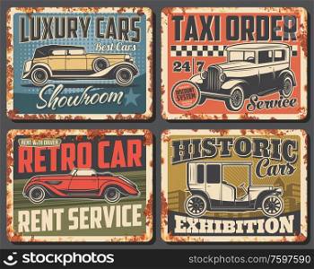 Retro car and vintage auto rusty metal signs. Vector old vehicles rental and taxi service, antique automobiles museum exhibition and showroom with classic models of cabriolet, minivan and limousine. Retro car rusty signs with vintage auto vehicles