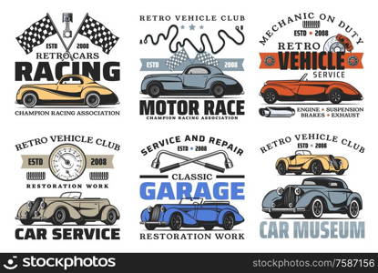 Retro car badges of auto repair service, vintage vehicle racing and mechanic garage vector design. Automobile and spare part icons of engine pistons, brake pads, racing flags and suspension springs. Retro cars and engine spare parts. Auto service