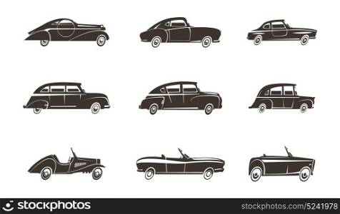Retro Car Black Icons Collection . Retro cars automotive design black icons collection isolated vector illustration