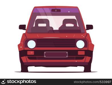 Retro car. Cartoon car from the eighties on a white background. Front view. Flat vector.