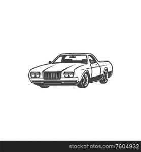 Retro car, coupe classic model vehicle icon. Vector isolated hatchback car motor, vintage transport and rare automobiles. Retro coupe model vehicle, classic 1970s car