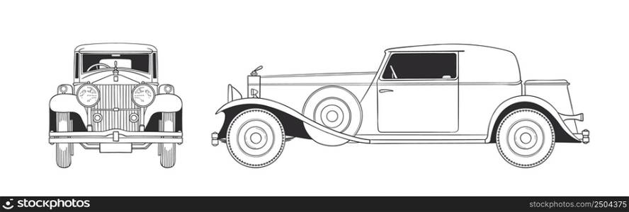 Retro car. Hand drawn car front and side view. Vector illustration