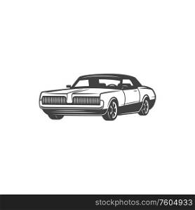 Retro car icon, classic vehicle coupe o cabriolet model vehicle. Vector isolated hatchback car motor, vintage transport and rare automobiles. Retro model vehicle, classic coupe sports car