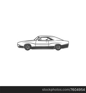Retro car icon, coupe model vehicle. Vector isolated classic hatchback or muscle car motor, vintage transport and automobiles. Classic car, retro coupe model vehicle