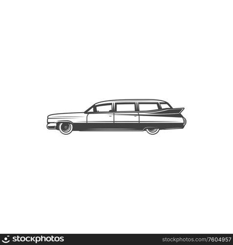 Retro car icon, universal wagon vehicle. Vector isolated classic car motor model, limousine van, oldtimer show transport. Universal car, retro classic vehicle
