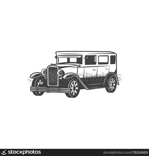 Retro car icon, vintage classic cab. Vector isolated antique motor model, limousine van or rarity taxi vehicle, retro transport. Vintage cab, antique retro classic vehicle