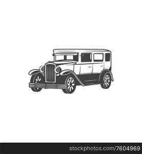Retro car icon, vintage classic cab. Vector isolated antique motor model, limousine van or rarity taxi vehicle, retro transport. Vintage cab, antique retro classic vehicle