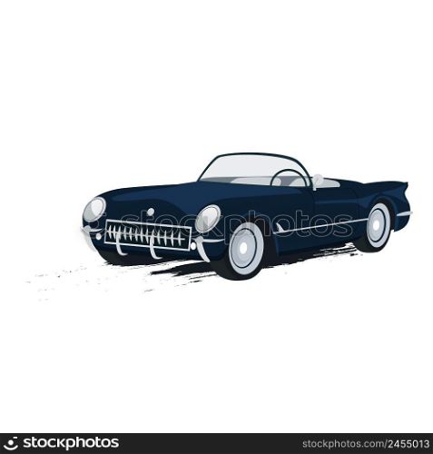 Retro car isolated vector illustration. Vintage image vehicle. Convertible on road. Model old auto for design. Retro car isolated vector illustration