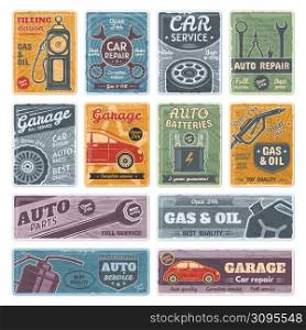 Retro car metal signs, garage, fuel, auto service posters. Gasoline station and repair service signs vector illustration set. Rusty old plates. Garage car service, repair auto poster old. Retro car metal signs, garage, fuel, auto service posters. Gasoline station and repair service signs vector illustration set. Rusty old plates