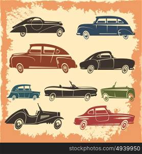 Retro Car Models Vintage Style Collection . Retro car models collection with vintage style autos on aged background abstract vector illustration