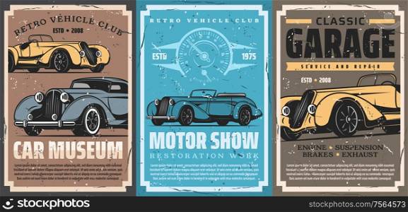 Retro car repair service, old auto spare parts and vintage vehicle mechanic garage station. Vector cabriolet and sedan cars, speedometer posters of racing sport and maintenance, auto club, motorshow. Retro cabriolet and sedan cars, vector