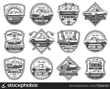 Retro car service vector icons with old vehicle spare parts. Mechanic garage station, engine, piston, wrench and spanner, spark plug, speedometer and air filter, motor show, motorsport. Retro car, spare part icons, repair service
