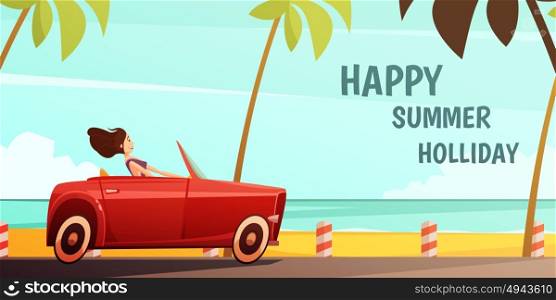 Retro Car Summer Holiday Vacation Poster . Summer holiday tropical island vacation vintage poster with girl driving retro red cabrio automobile cartoon vector illustration