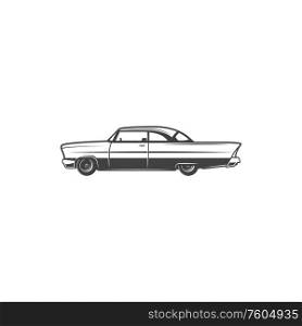 Retro car, vintage automobile black and white isolated icon. Vector coupe or roadster limousine vehicle, 1950 and 1960 transport. Roadster retro car, coupe limousine vehicle