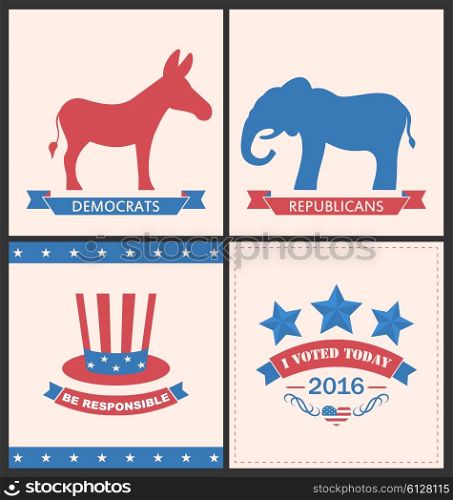 Retro Cards for Advertise of United States Political Parties. Illustration Retro Cards for Advertise of United States Political Parties. Vintage Flyers with Donkey and Elephant. Vote 2016 - Vector