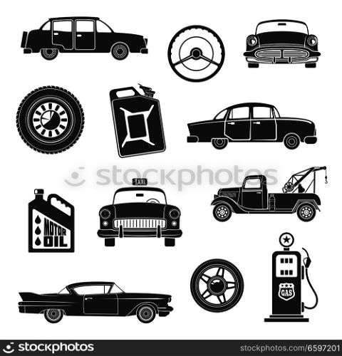 Retro cars and vintage automobile concept icons. Vector isolated set of retro taxi cab or loader truck, gasoline station and motor oil canister or tire and steering wheel for limousine. Vector retro cars and items icons