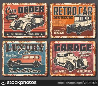 Retro cars garage station service, vector metal plates with rusty effect. Vintage vehicles restoration workshop, antique cars museum exhibition, spare parts shop and mechanic repair service. Vintage car garage service rusty plates