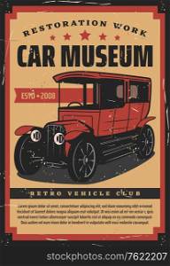 Retro cars museum vector design. Vintage vehicles club and garage station, old classic cars exhibition show. Antique rarity transportation museum, restoration and mechanic repair service. Retro cars museum vector design