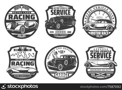 Retro cars of motor racing, auto repair service and mechanic garage vector badges. Vintage vehicles with spare parts, engine pistons, spanner and wrench, spark plugs, racing flags and speedometer. Retro cars, wrench, spanner and engine pistons