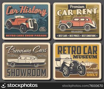 Retro cars vector design of vintage auto museum and old vehicles rental salon. Classic automobiles exhibition or motor club show posters with retro convertibles and antique sedan models. Retro car museum and vintage auto rental salon