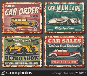 Retro cars vector vintage rusty metal plates. Rarity classic cars museum exhibition and old transport parade show, premium vehicles showroom, automobile sales and taxi order service. Retro cars sale service, auto museum, show