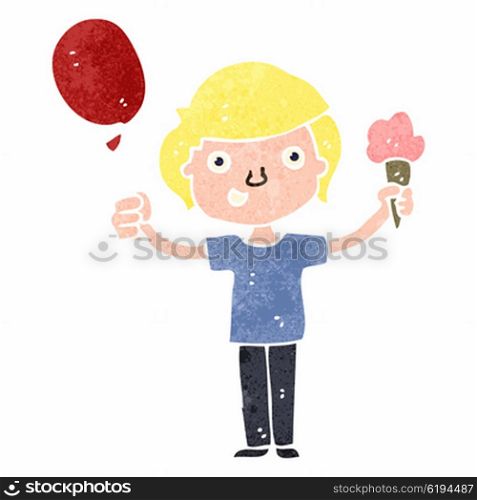 retro cartoon boy with ice cream and balloon