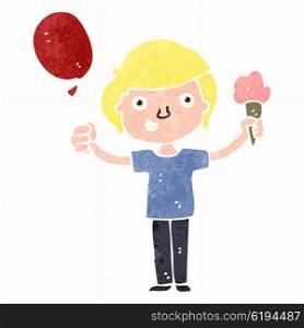 retro cartoon boy with ice cream and balloon