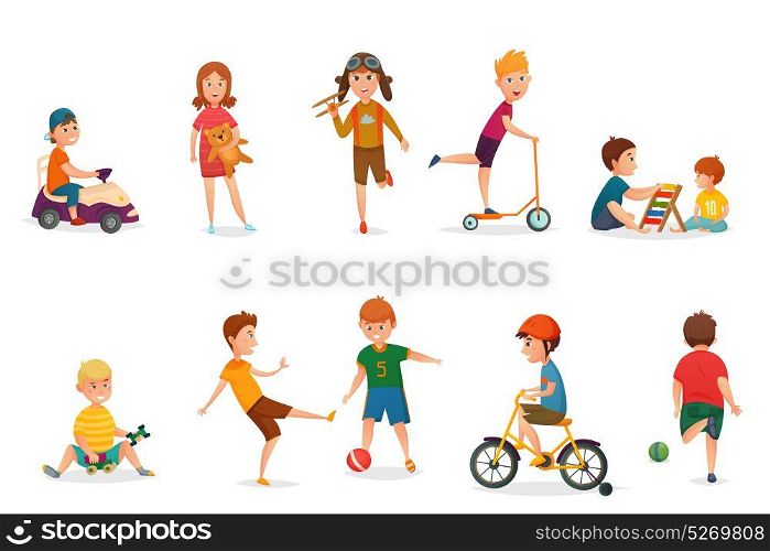 Retro Cartoon Kids Playing Icon Set. Colored and isolated retro cartoon kids playing icon set with different various entertainings vector illustration