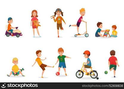 Retro Cartoon Kids Playing Icon Set. Colored and isolated retro cartoon kids playing icon set with different various entertainings vector illustration