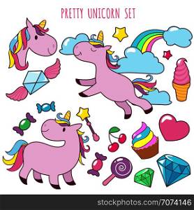 Retro cartoon pink unicorns vector girl fashion patch badges with fancy rainbow, cupcake, ice cream and sweets. Unicorn sticker and cupcake, diamond and rainbow illustration. Retro cartoon pink unicorns vector girl fashion patch badges with fancy rainbow, cupcake, ice cream and sweets