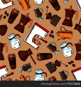 Retro cartoon seamless espresso machines, vintage coffee pots and grinders, glass jugs of milk and cups of macchiato, takeaway paper cups of cappuccino and roasted coffee beans pattern on light brown background. Seamless coffee pots and cups pattern background