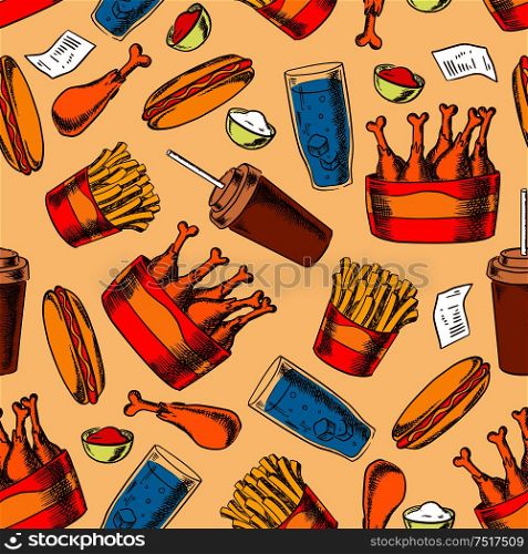 Retro cartoon seamless pattern with fast food buckets of fried chicken drumsticks and french fries, hot dogs with ketchup and garlic sauces, coffee cups and glasses of water with ice on beige background. Retro seamless fast food chicken menu pattern