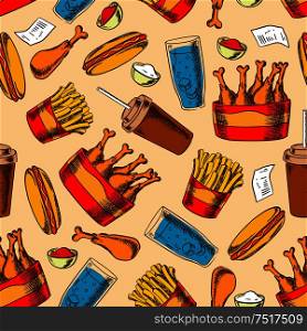 Retro cartoon seamless pattern with fast food buckets of fried chicken drumsticks and french fries, hot dogs with ketchup and garlic sauces, coffee cups and glasses of water with ice on beige background. Retro seamless fast food chicken menu pattern