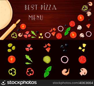 Retro cartoon style pizza ingredients set with table top and small isolated constructor slices of vegetables vector illustration. Pizza Filler Vegetables Set