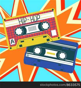 Retro cassette. Analogue audio objects, bright colorful abstract poster, contemporary card, Vintage songs mix tape, old multimedia, 80s 90s disco melody, trendy print. Vector cartoon flat poster. Retro cassette. Analogue audio objects, bright colorful abstract poster, contemporary card, Vintage songs mix tape, 80s 90s disco melody, trendy print. Vector cartoon flat poster