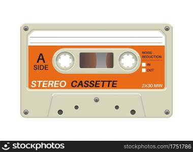 Retro cassette. Audio equipment for analog music records. Blank stereo tape. Isolated plastic musical device. Old-fashioned mixtape of tunes and songs. Vector hipster multimedia tool with copy space. Retro cassette. Audio equipment for analog music records. Blank stereo tape. Plastic musical device. Old-fashioned mixtape of tunes and songs. Vector multimedia tool with copy space