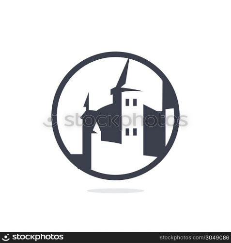 Retro castle logo design. Antique royal building vector illustration.