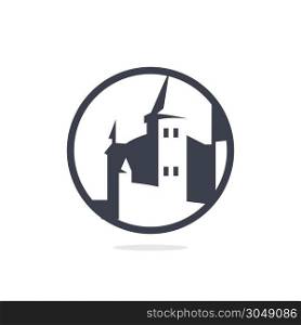 Retro castle logo design. Antique royal building vector illustration.