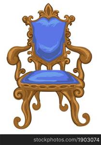 Retro chair with cloth for covering and carved ornaments. Isolated armchair for noble houses,baroque and rococo epoch. Elegant design of furniture for home, museum exponent. Vector in flat style. Vintage chair with carved ornaments and decor