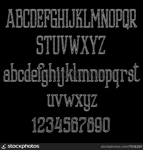 Retro chalk alphabet font on a chalkboard with sketched letters and numbers. Addition to education, typography concept or page decoration design. Chalk alphabet letters and numbers