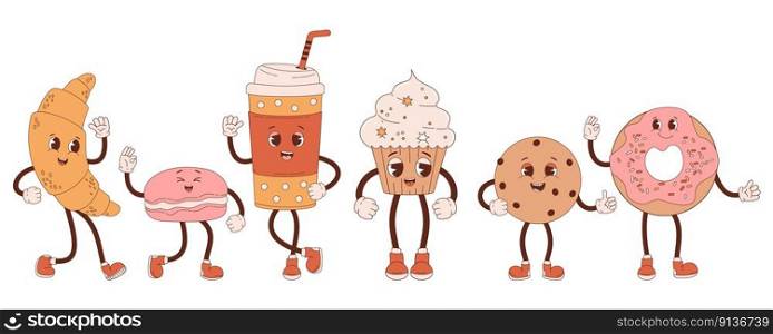 Retro characters confectionery and coffee to go. Cute cartoon sweet croissant, cupcake, donut, chocolate chip cookies and macaron. Vector illustration. Isolated collection desserts in nostalgic style