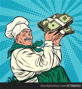 Retro chef with a bundle of money, pop art retro vector illustration